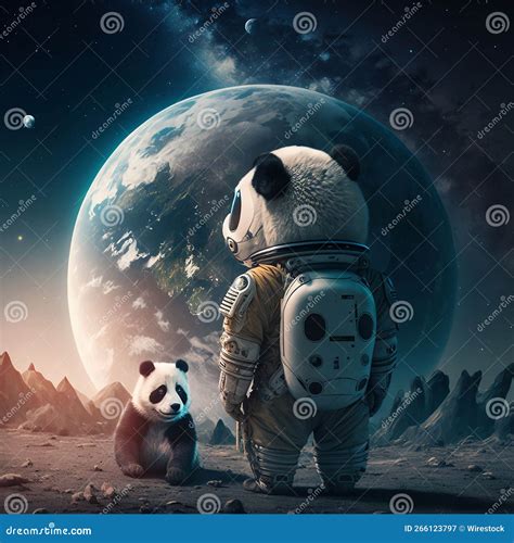 Ai Generated Illustration Of Two Pandas Astronauts On The Moon With