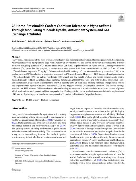 Homo Brassinolide Confers Cadmium Tolerance In Vigna Radiate L