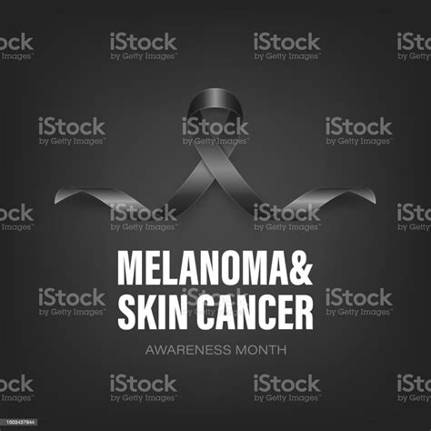 Melanoma Skin Cancer Banner Card Placard With Vector 3d Realistic Black Ribbon On Black