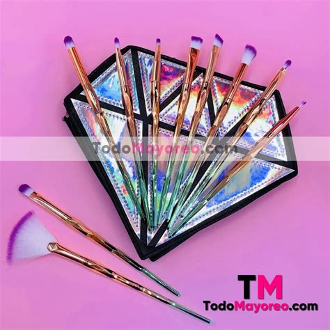 Set De Brochas Para Maquillaje 10 Piezas Rose Gold Con Verde Diamante