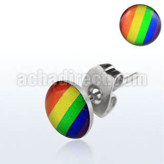 Pair Of Stainless Steel Ear Studs With Gay Pride Rainbow