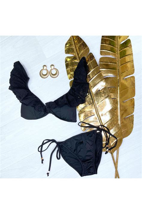 Zwarte Driehoekige Bikini Met Ruches