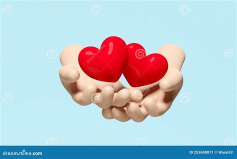 D Cartoon Two Hands Holding Red Heart Isolated On Blue Background