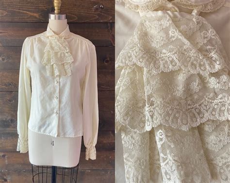 Vintage S Ruffle Ascot Blouse Victorian Style Blouse Romantic