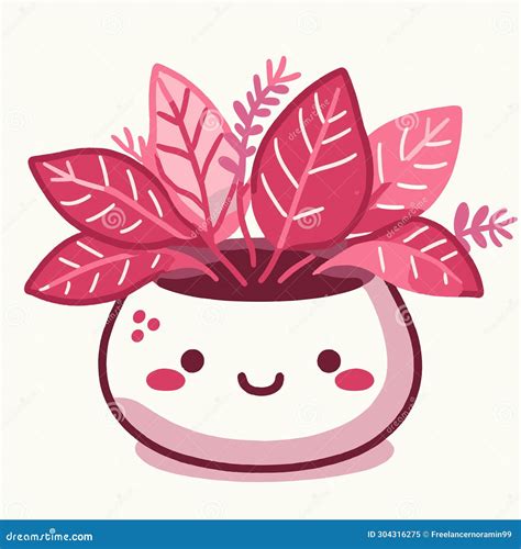 Cute Kawaii Plant In A Pot Floral Red Leaf House Plant Kawaii Graphic