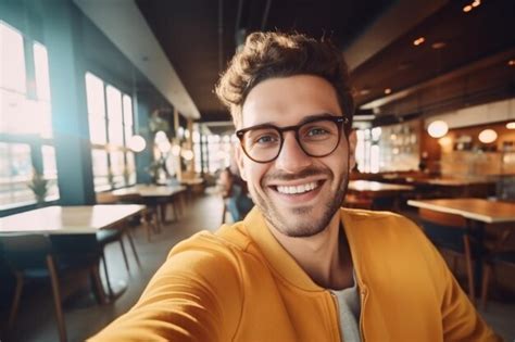 Premium Photo A Happy Man Takes A Selfie On A Smartphone Against The