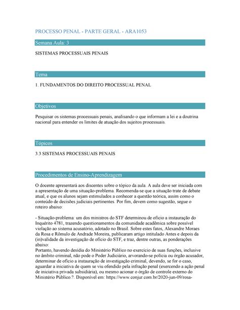 Plano De Aula Ara1053 3 Processo Penal Parte Geral Ara Semana