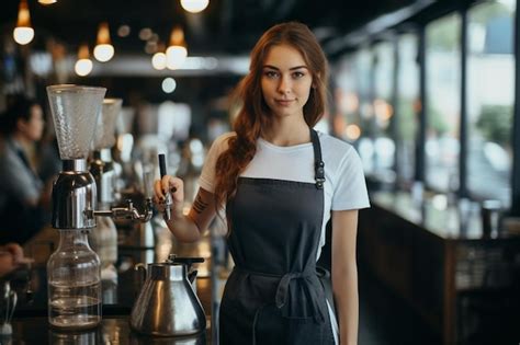 Premium AI Image Cute Brunette Girl Barista Cafe Staff Pouring Water From Kettle And Brewing