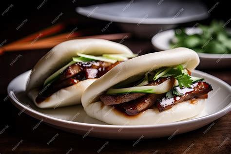 Premium Ai Image Bao Bun With Pork Belly Scallions And Hoisin Sauce