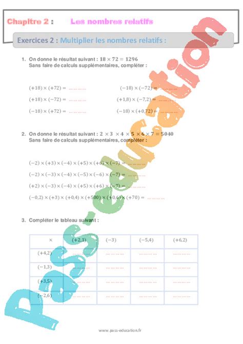 Exercice Multiplier Les Nombres Relatifs Me