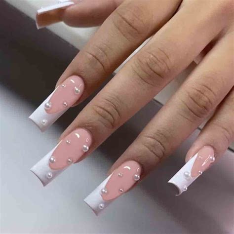 Enppode French Tip Long Square Acrylic Nails With Pearls Elegant