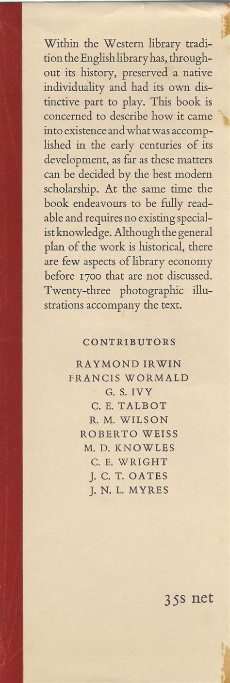 The English Library Before 1700 By Wormald Francis Very Good