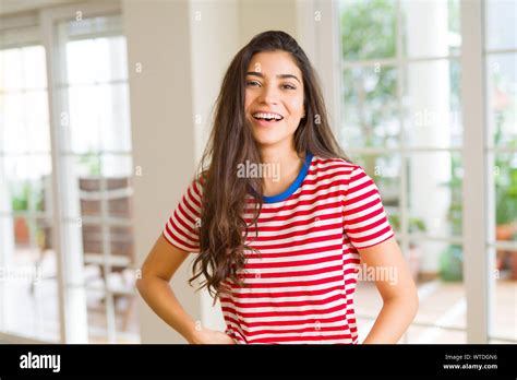 Beautiful Brunette Woman Smiling Cheerful Looking Happy And Positive