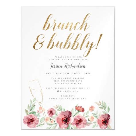 Brunch And Bubbly Gold Script Floral Bridal Shower Magnetic Invitation