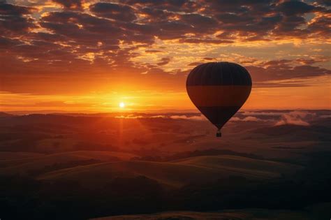 Hot Air Balloon At Sunset Over Rolling Hills Premium Ai Generated Image