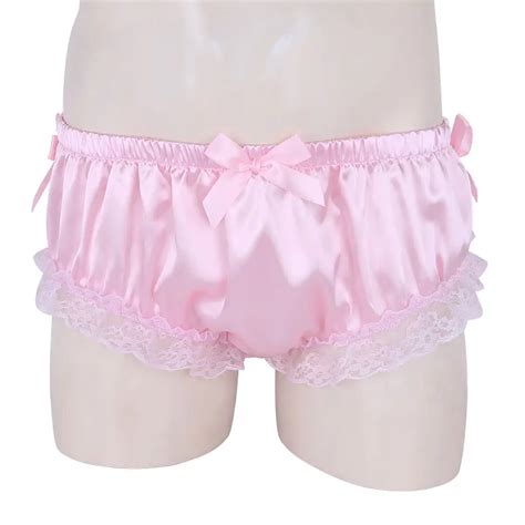 Mens Sissy Panties Shiny Satin Ruffled Floral Lace Cute Bowknot Knickers Briefs Bikini Slip