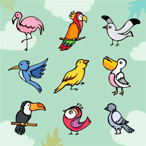 Conjunto de pájaros lindos dibujos animados coloridos Vector Premium