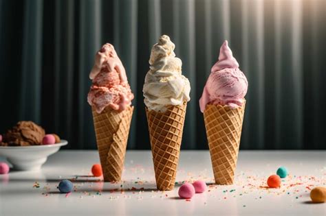 Premium Ai Image Three Ice Cream Cones With Pink White And Chocolate