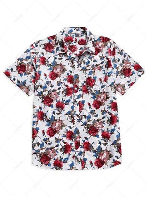 31 Off 2021 Flower Print Button Up Pocket Shirt In White Zaful