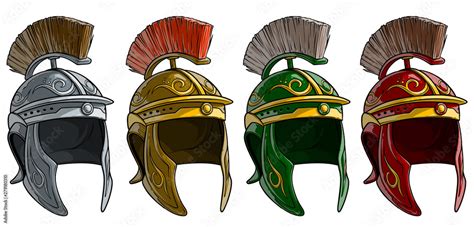 Cartoon colorful metal ancient roman soldier warrior helmet with crest. Isolated on white ...