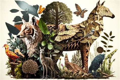 Wildlife animals and birds in forest art paper collage created with ...