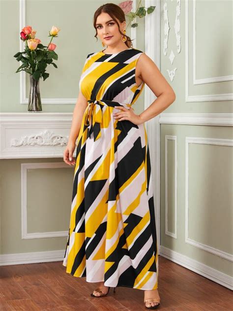 Shein Clasi Plus Color Block Geo Belted Maxi Dress Shein Euqs