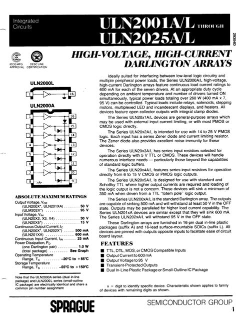 Uln A Datasheet High Current Darlington Arrays