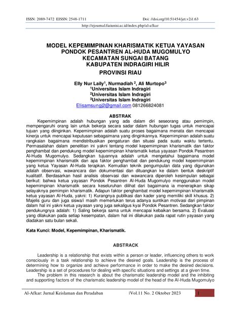 Pdf Model Kepemimpinan Kharismatik Ketua Yayasan Pondok Pesantren Al