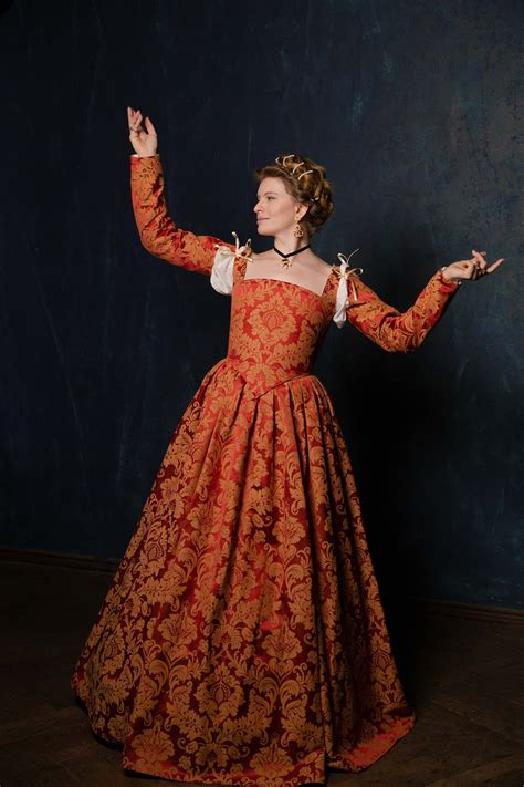 Red And Gold Renaissance Dress Terracota Red Elizabethan Gown Etsy Uk