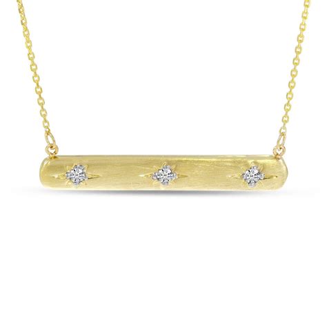 Colormerchants 14k Yellow Gold 3 Diamond Brushed Gold Bar Necklace