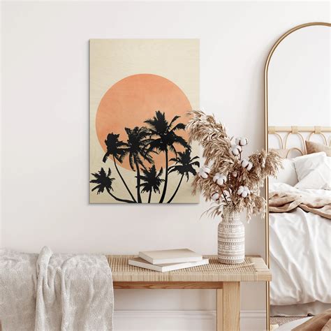 Houten Poster Palmbomen Voor De Oranje Zon Kubistika Wall Art Nl