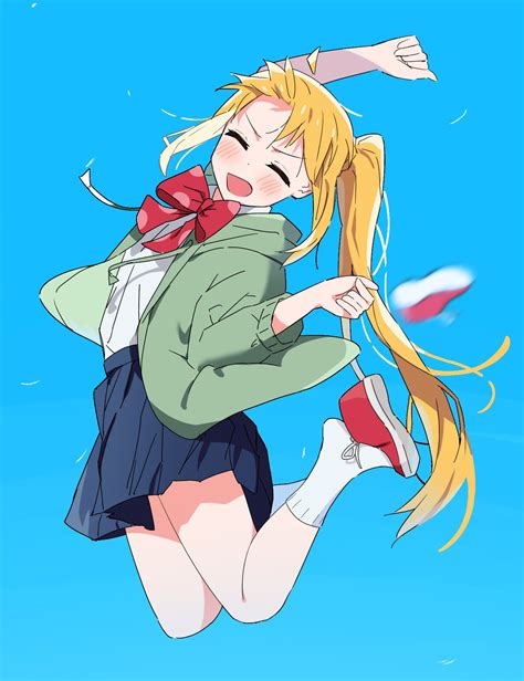 The Big Imageboard Tbib 1girl Arm Up Blonde Hair Blue Skirt Blush