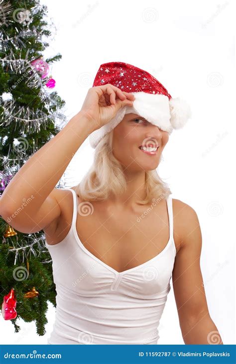 Playful Blonde Near Christmas Tree Stock Image Image Of Costume Isolated