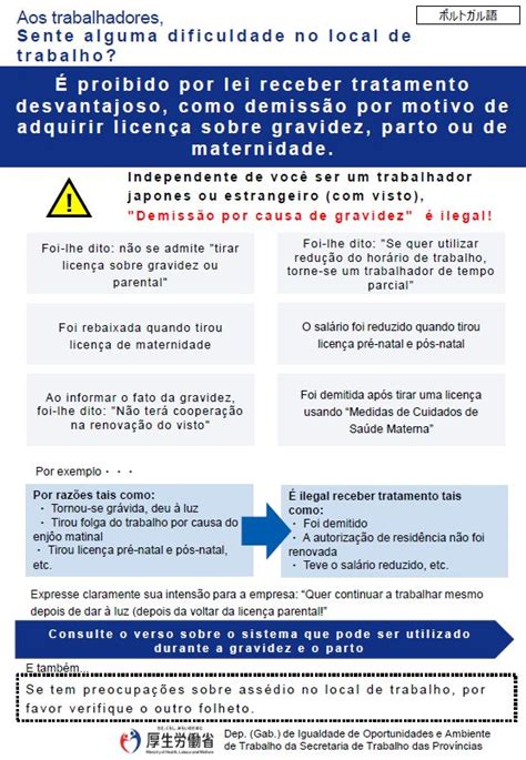 妊娠・出産・育児休業の取得などを理由として解雇などの不利益な取り扱いをすることは法律で禁止されていますポルトガル語 労務ドットコム