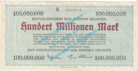 Inflation DE 100 Mio Mk 1923 Neuwied Notgeld 100 Millionen Mark