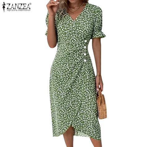 Cheap Zanzea Womens Summer V Neck Short Sleeve Floral Print Slim Dress