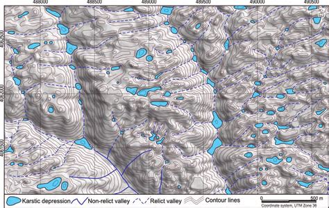 Examples of relict and non-relict valleys (contour interval is 10 m ...