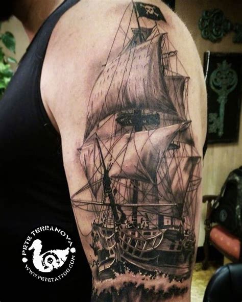 Black And Gray Sailing Ship Tattoo Ship Tattoo Ship Tattoo Sleeves