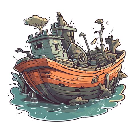 Boat Rotting In Water With Wreckage From A Old Tree Design Vector