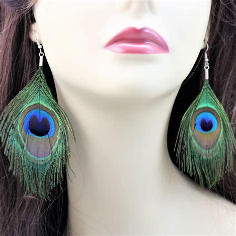 Natural Peacock Feather Earrings Blue Green Feather Boho Chic Style