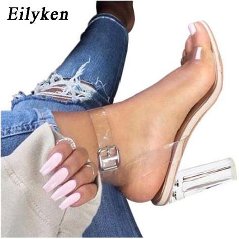 Eilyken Women Sandals Ankle Strap Perspex High Heels PVC Clear Crystal