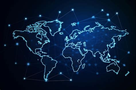 Карта мира с глобальной технологической сетью социальной связи с огнями ...