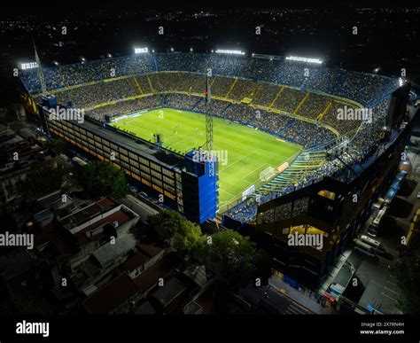 La Bombonera Soccer Stadium at downtown Buenos Aires, Argentina. Boca Junior Stadium illuminated ...