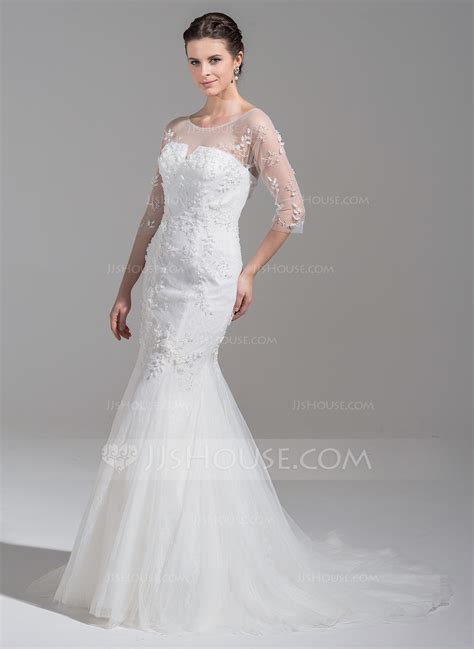 Trumpet Mermaid Scoop Neck Court Train Tulle Wedding Dress With Beading