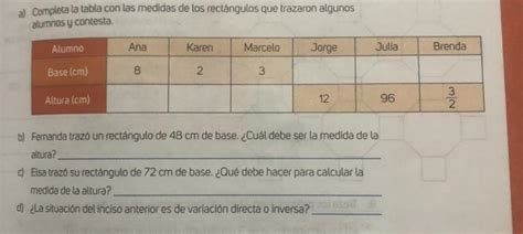 a Completa la tabla con las medidas de los rectángulos que trazaron