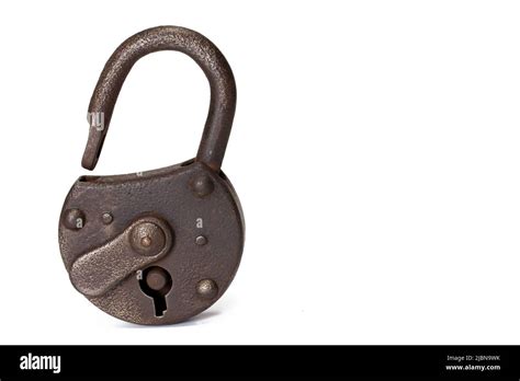 Old Rusty Shackle Lock Standing On White Background With Open Metal