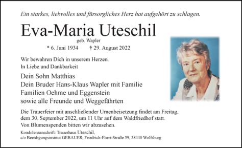 Traueranzeigen Von Eva Maria Uteschil Trauer Anzeigen De