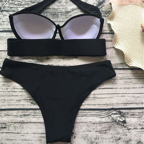 Zaful Bikini Sexy Women Strapless Bandeau Push Up Black Bikini Set