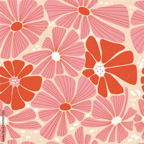 Retro floral seamless pattern. Abstract Groovy Daisy Flower on beige ...