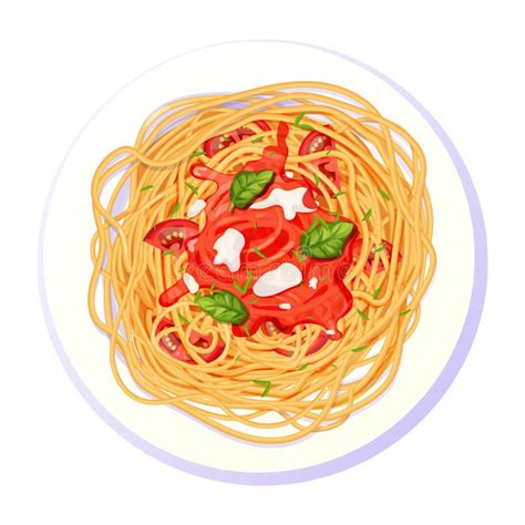 Spaghetti Pasta In Plate With Tomatos Basil Mozzarella In Cartoon